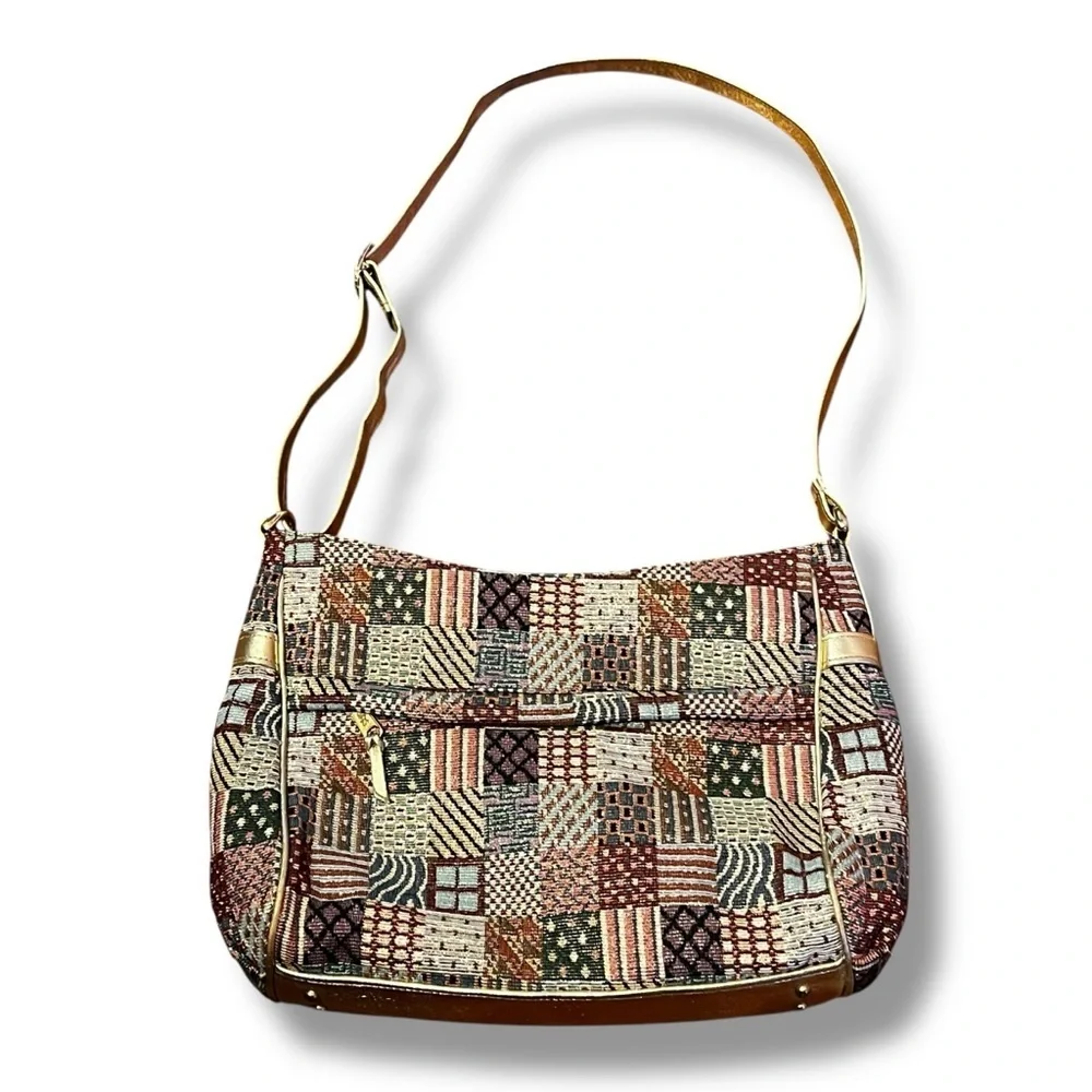 SAS Purse Patchwork Tapestry Gold Faux Leather Pockets Long Strap Vintage 90s